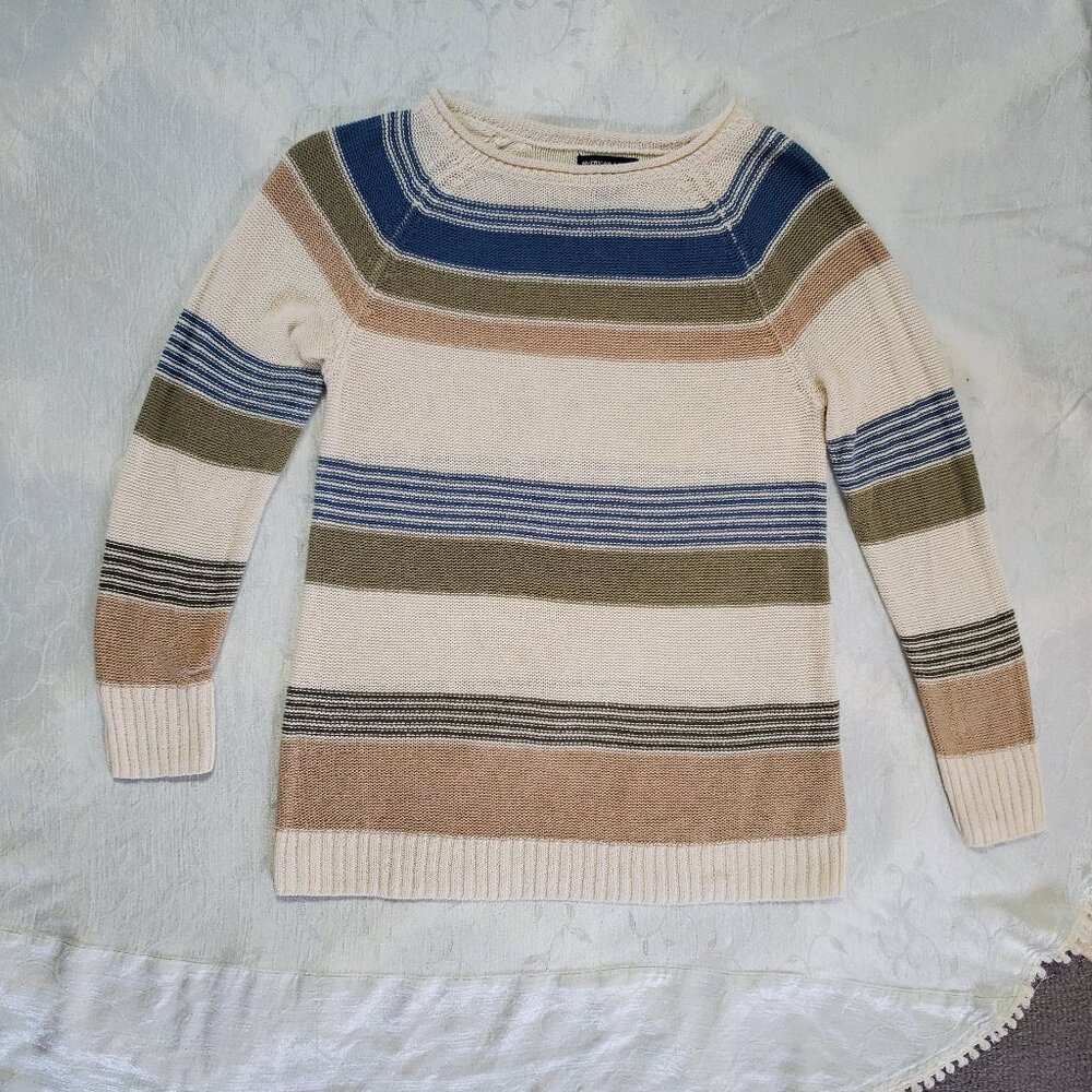 Crewneck Open Knit Linen Pullover Casual sweater top cream colorblock stripe M